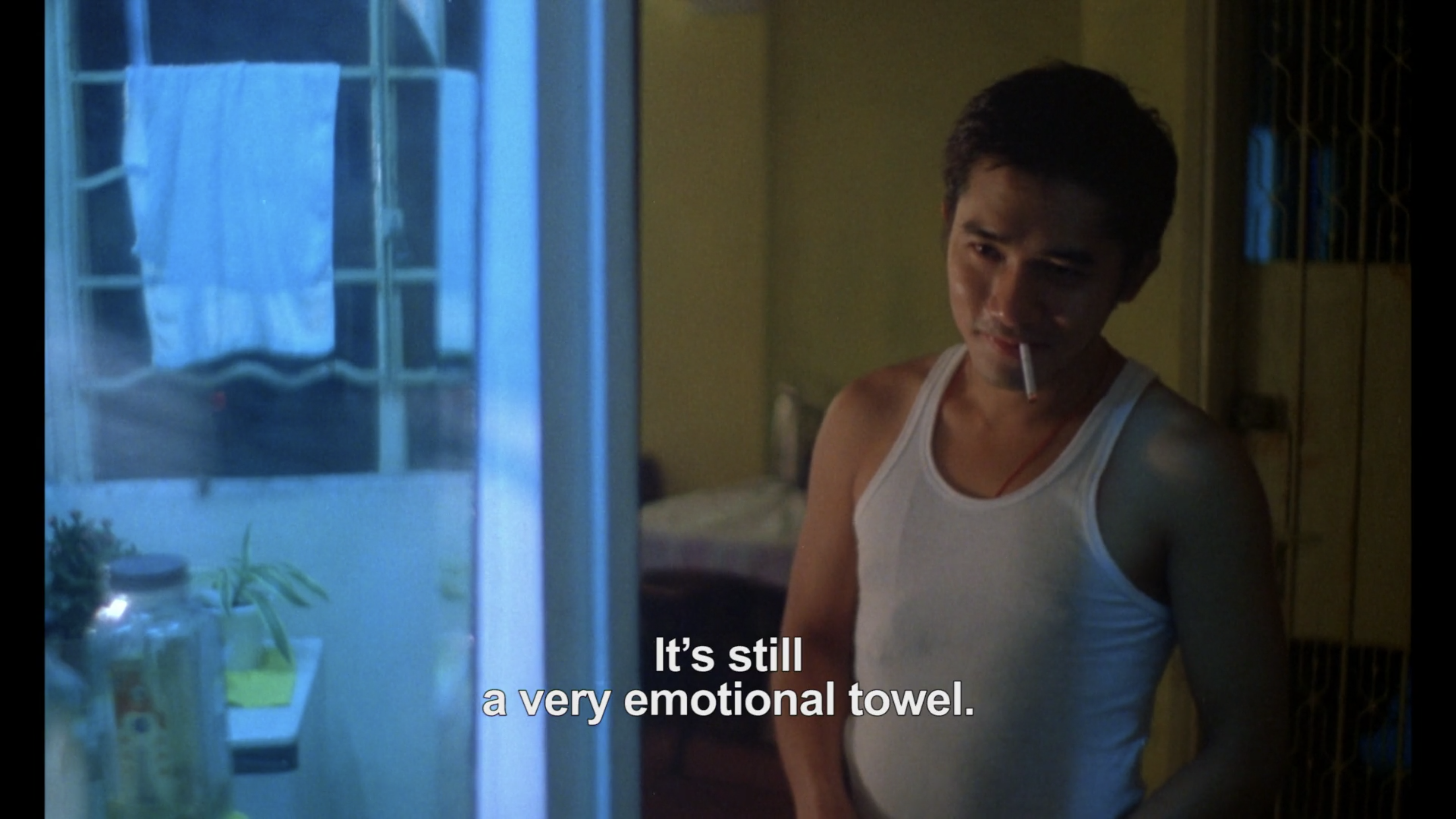 Cop 663 reflects on his towel crying in Chungking Express