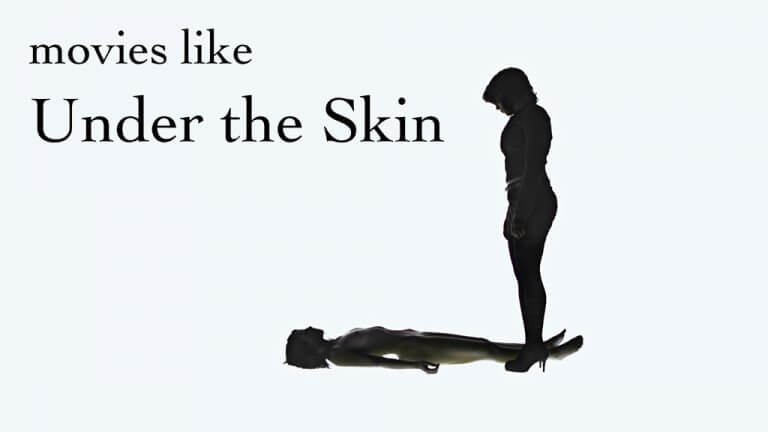 The Woman (Scarlett Johannson) stands over a dead woman in a white background in Under the Skin