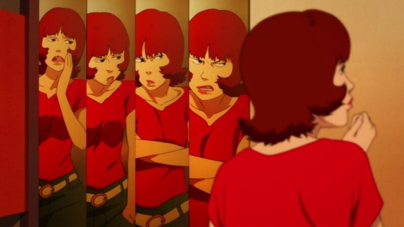 Chiba as Paprika has several different expressions show in a line of mirrors in Paprika