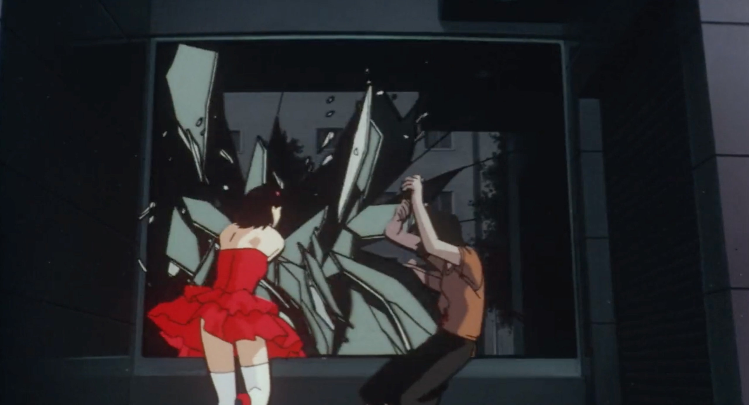 Rumi destroys a giant window while trying to kill Mima in Perfect Blue
