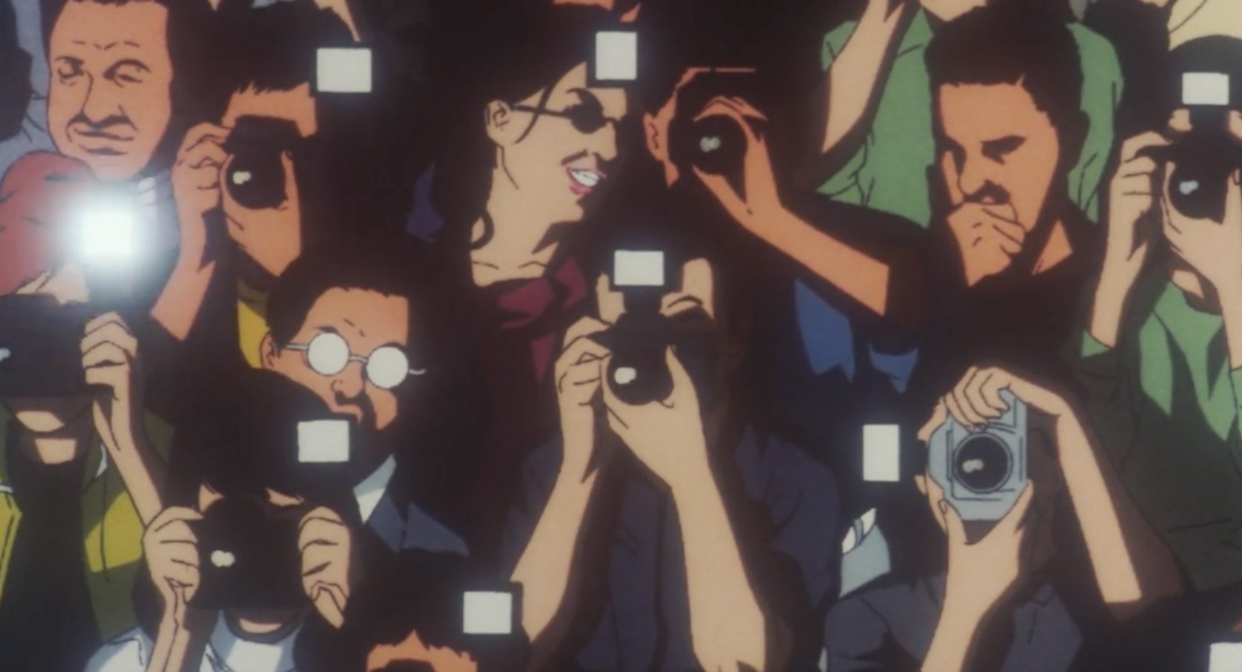 A crowd of photographers at a model show in Double Bind in Perfect Blue