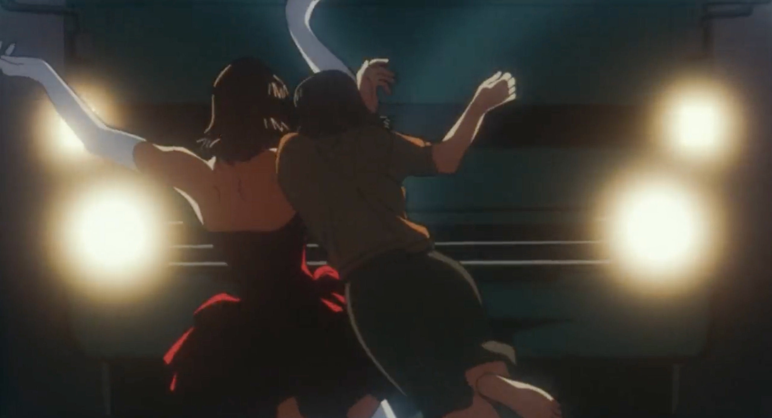 Mima pushes Rumi out of the way of an oncoming truck in Perfect Blue