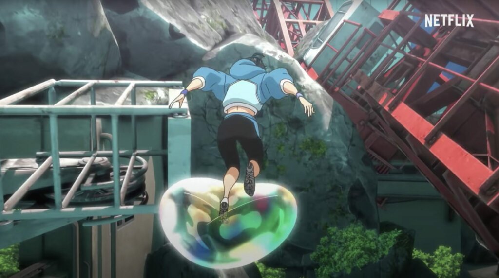 Hibiki jumps off a bubble