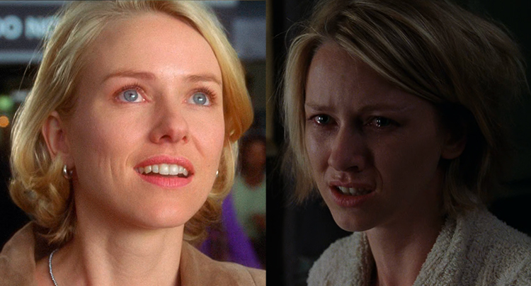 Betty (Naomi Watts) smiles in the dream world of Mulholland Drive, while Diane cries in the real world