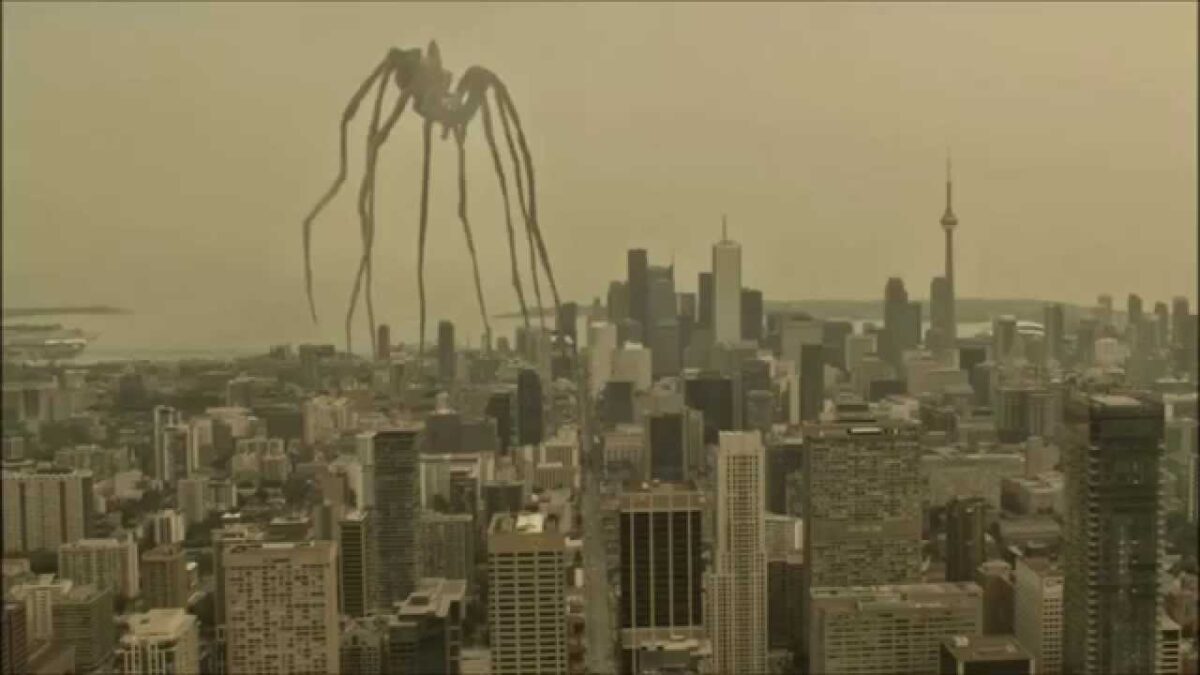 A giant spider walks around a city
