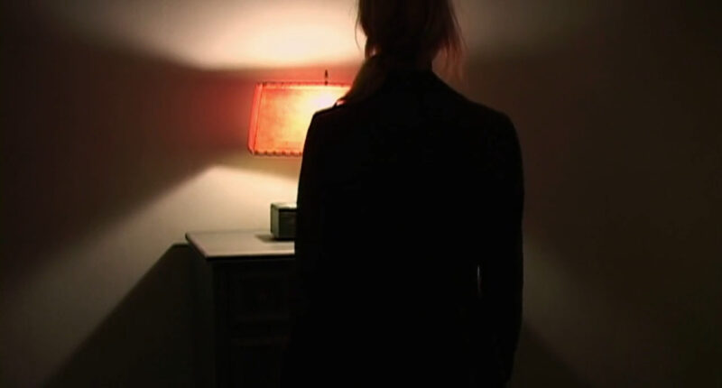 A woman stands in front of a red lamp