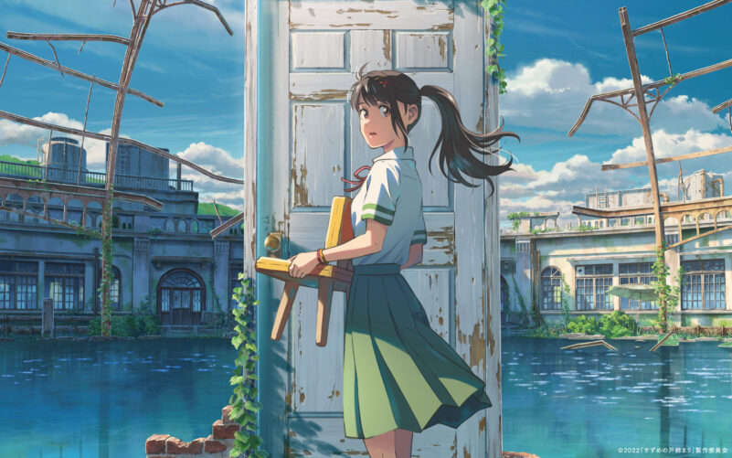 A girl stands at a door surrounded by water as the wind blows