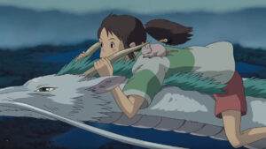 A girl rides a dragon through the sky