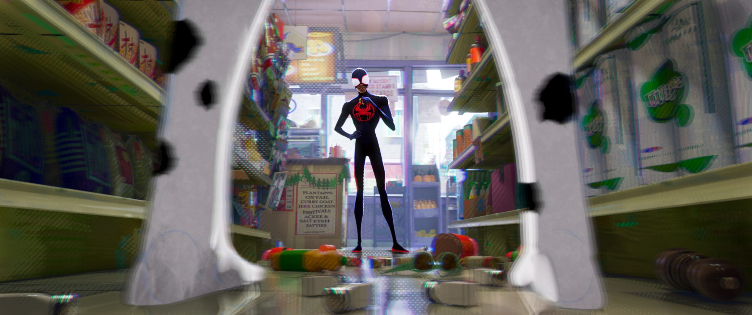 Spot and Miles Morales stand face to face in the wrecked aisle of a convenience store