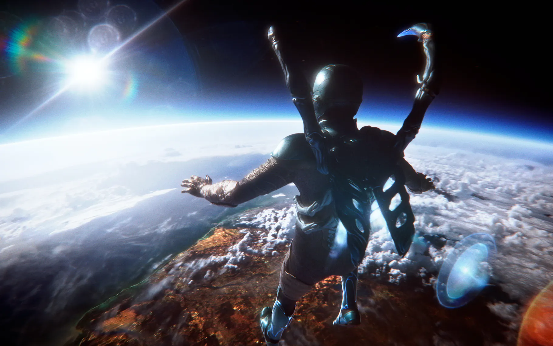 The Blue Beetle hovers in the upper atmosphere, looking down on the Earth