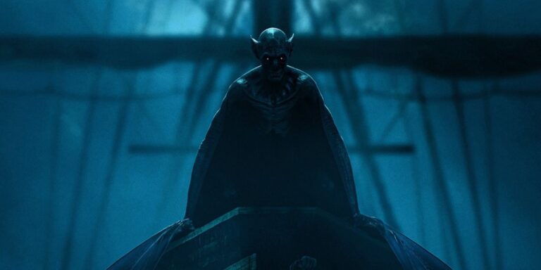 Winged Dracula stands on the prow of a ship in the night