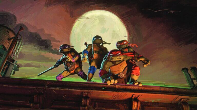 Leonardo, Michelangelo, Donatello, and Raphael stand on the ledge of a roof with the full moon behind them