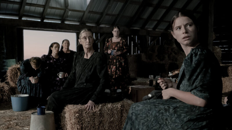 A group of women in a barn look over at something