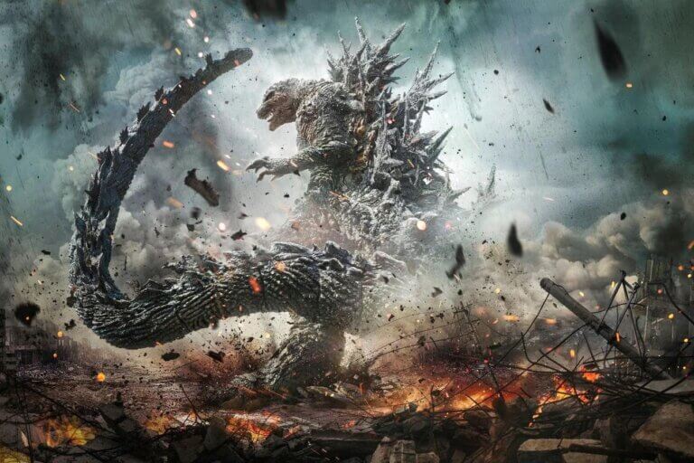 Godzilla uses his trail to smash buildings