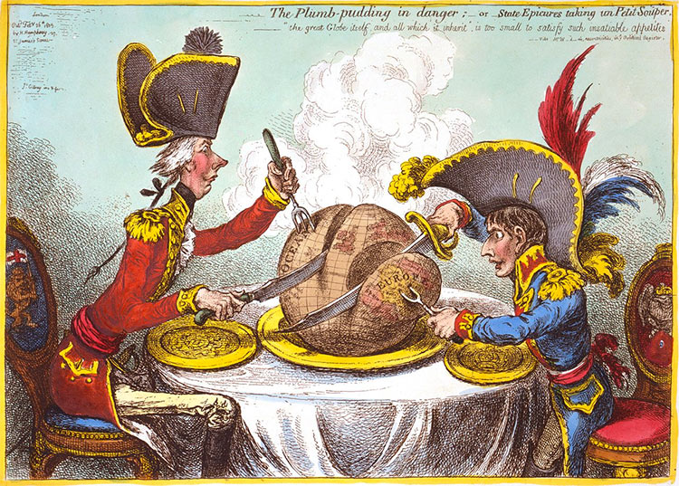 A cartoon version of Napoleon attempts to carve a plumb-pudding that represents the world