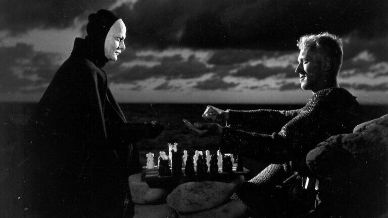 Death sits across Antonius Block with a chessboard between them