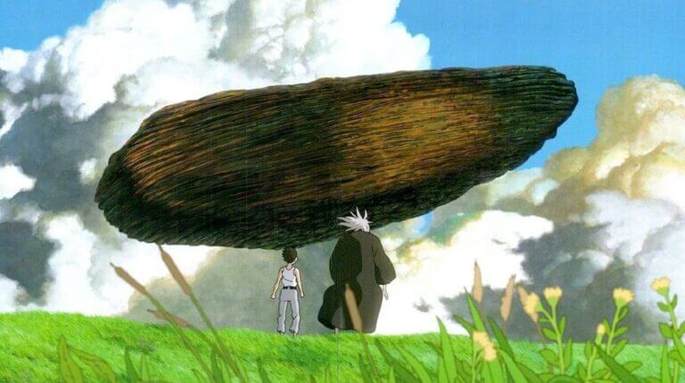 A boy and an old man stand in a grassy field, beauty a blue sky with big white clouds and look at a giant, floating rock.