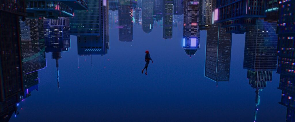 A superhero falls from a tall building but the image is upside down so it looks like he's flying towards a city in the sky