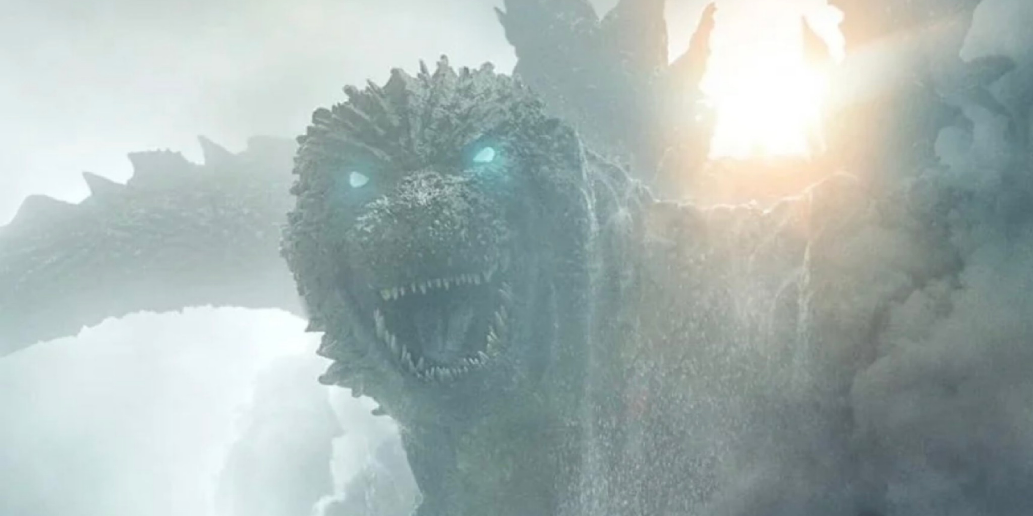 An angry Godzilla stares into the camera