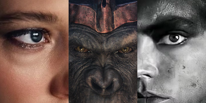 A triptych of characters from The Beast, Kingdom of the Planet of the Apes, and Furiosa