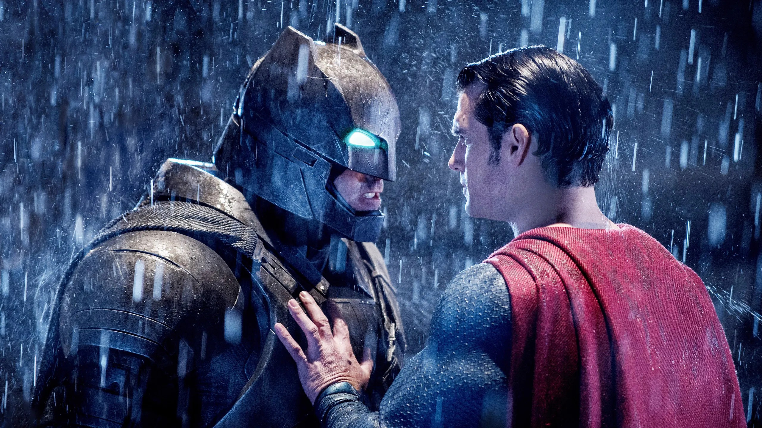 Batman and Superman face off in the rain