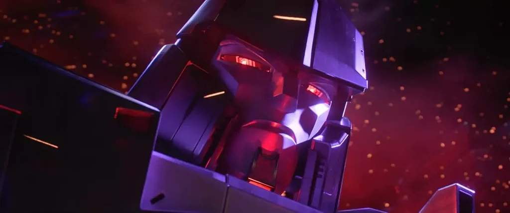 Megatron stares with glowing red eyes