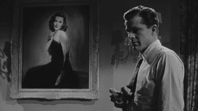 Laura Hunt (Gene Tierney) is painted in a portrait that Mark McPherson (Dana Andrews) stands in front of