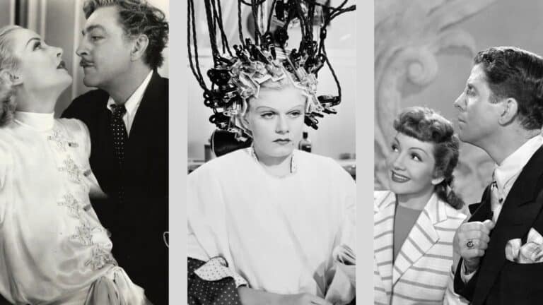 Five characters from three black-and-white movies lined up next to one another