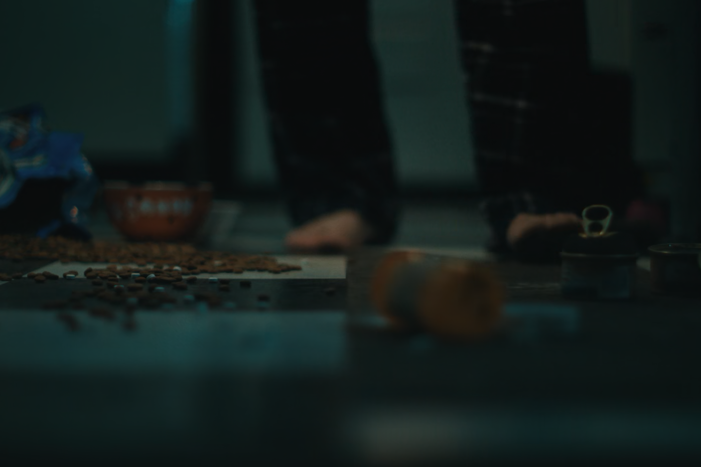 The messy floor in Bear's kitchen, including a pill bottle